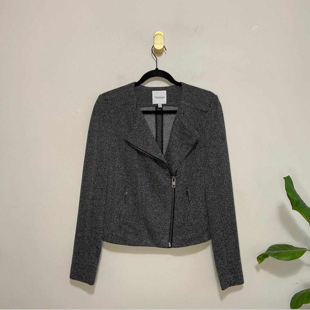 Catherine Malandrino Runway Marled Heather Gray Moto Jacket Zip Up Blazer